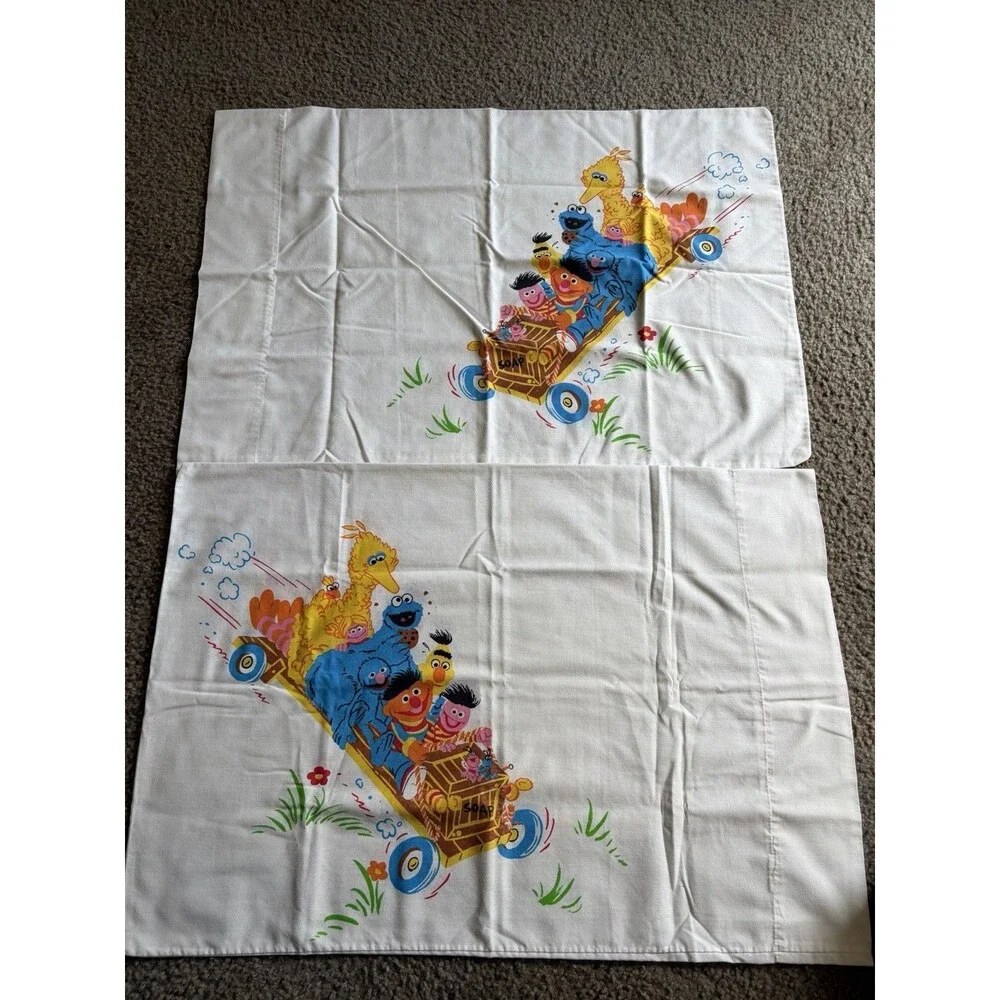 (2) VTG Sesame Street Soap Box Derby Pillow Case Tweedle bugs Ernie Bert Cookie
